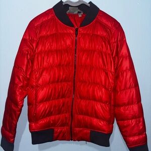 Athleta Dobby Goose Down Red/Orange Puffer Bomber Jacket womens Size M Full zip